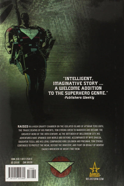Back cover of a comic book or graphic novel, featuring a dark green and black illustration of a helmeted hero on the left, a review quote from Publishers Weekly in the center, extensive product synopsis text at the bottom, a barcode, and the WildStorm logo.