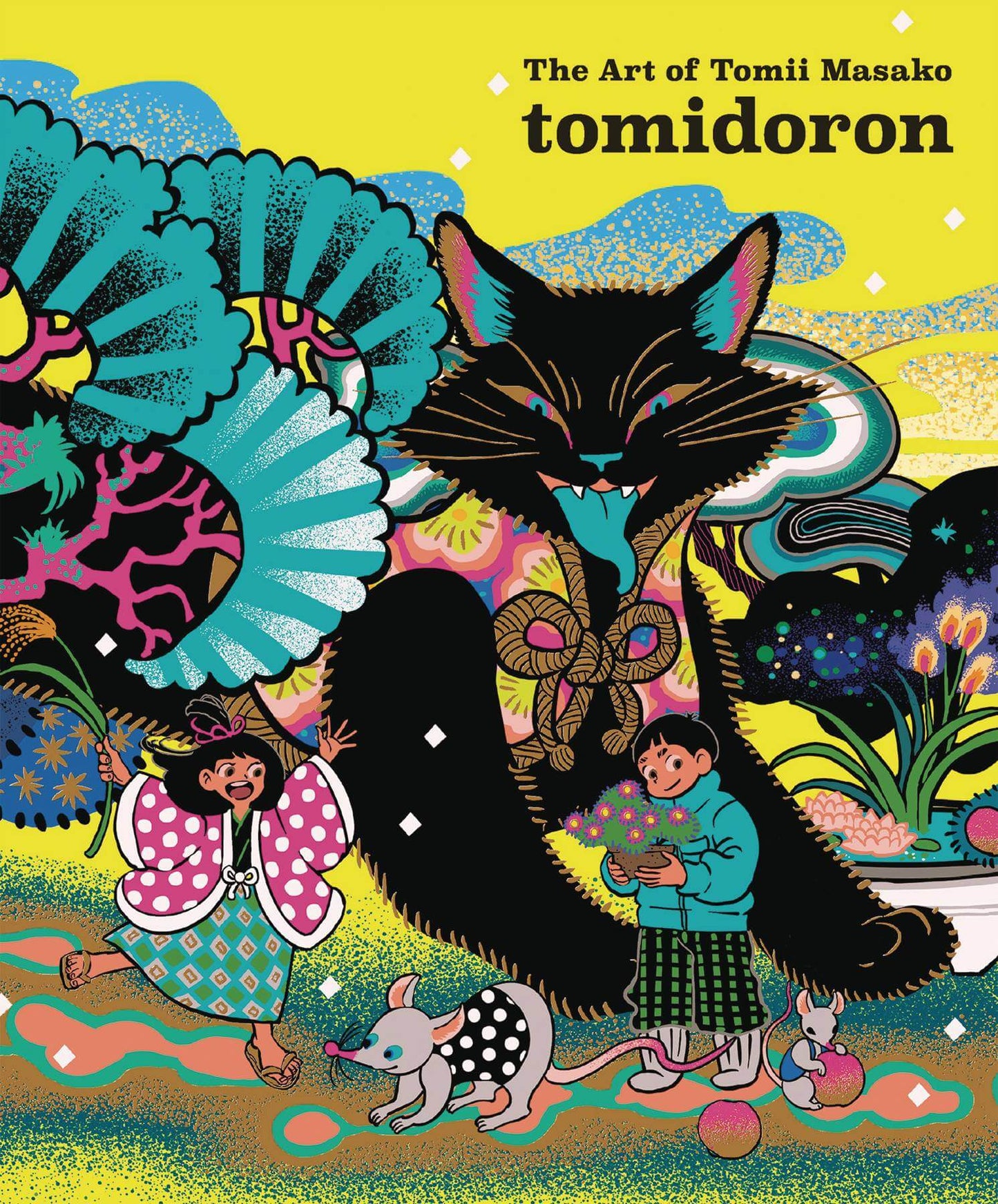 Illustrated cover art for 'The Art of Tomii Masako tomidoron' featuring a large black cat with a blue bow, children, a small mouse-like creature, and bright tropical floral shapes on a yellow background.