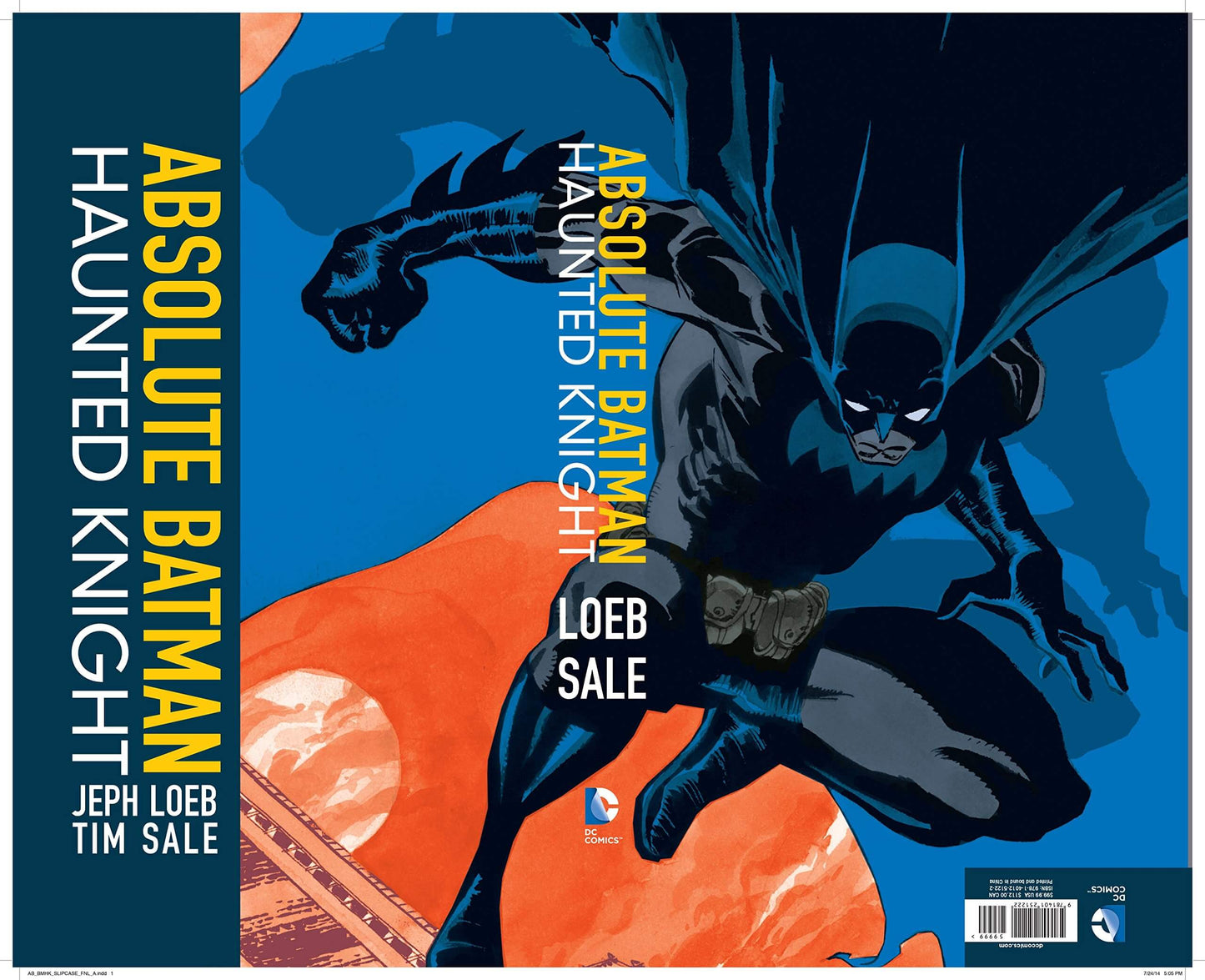 Cover of the graphic novel 'Absolute Batman: Haunted Knight' featuring a stylized illustration of Batman in a dynamic pose against a blue and orange background.