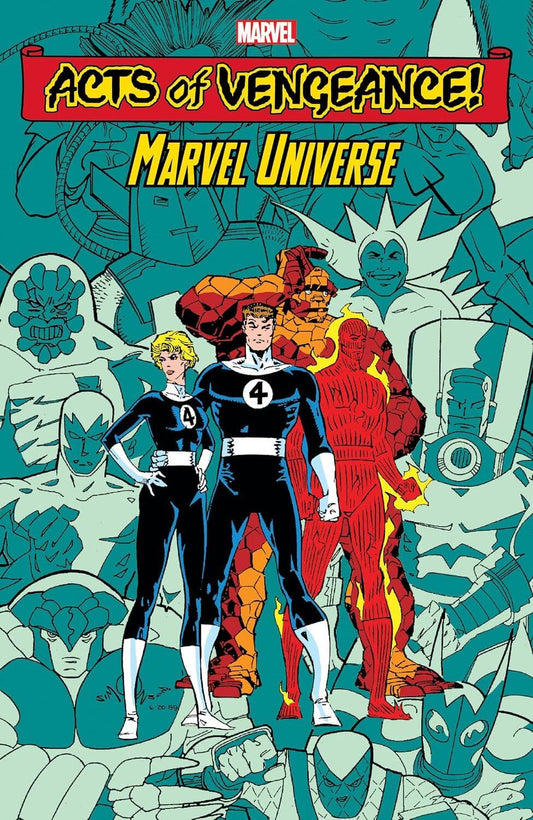 Cover of the comic book 'Acts of Vengeance TP: Marvel Universe' featuring illustrations of the Hulk and Spider-Man, with a background of various other superhero characters.