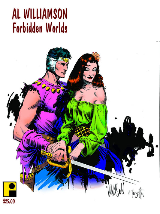 Comic book cover for 'Al Williamson Forbidden Worlds' featuring a stylized illustration of a muscular man in a purple costume holding a sword next to a woman in a green dress, with the title at the top and a small yellow logo at the bottom left.