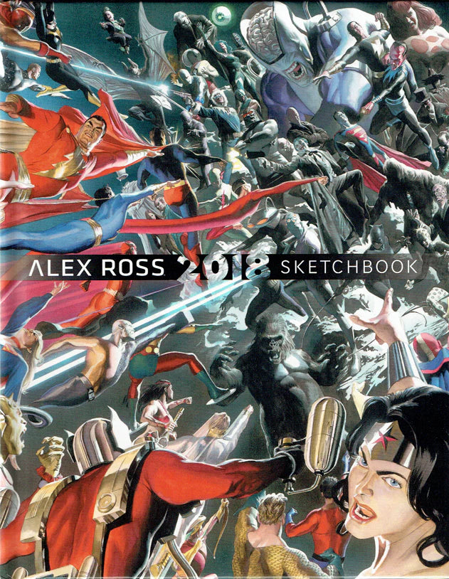 Cover of the Alex Ross 2018 DC Marvel Sketch Art Book featuring an illustrated scene with multiple superhero characters in action.