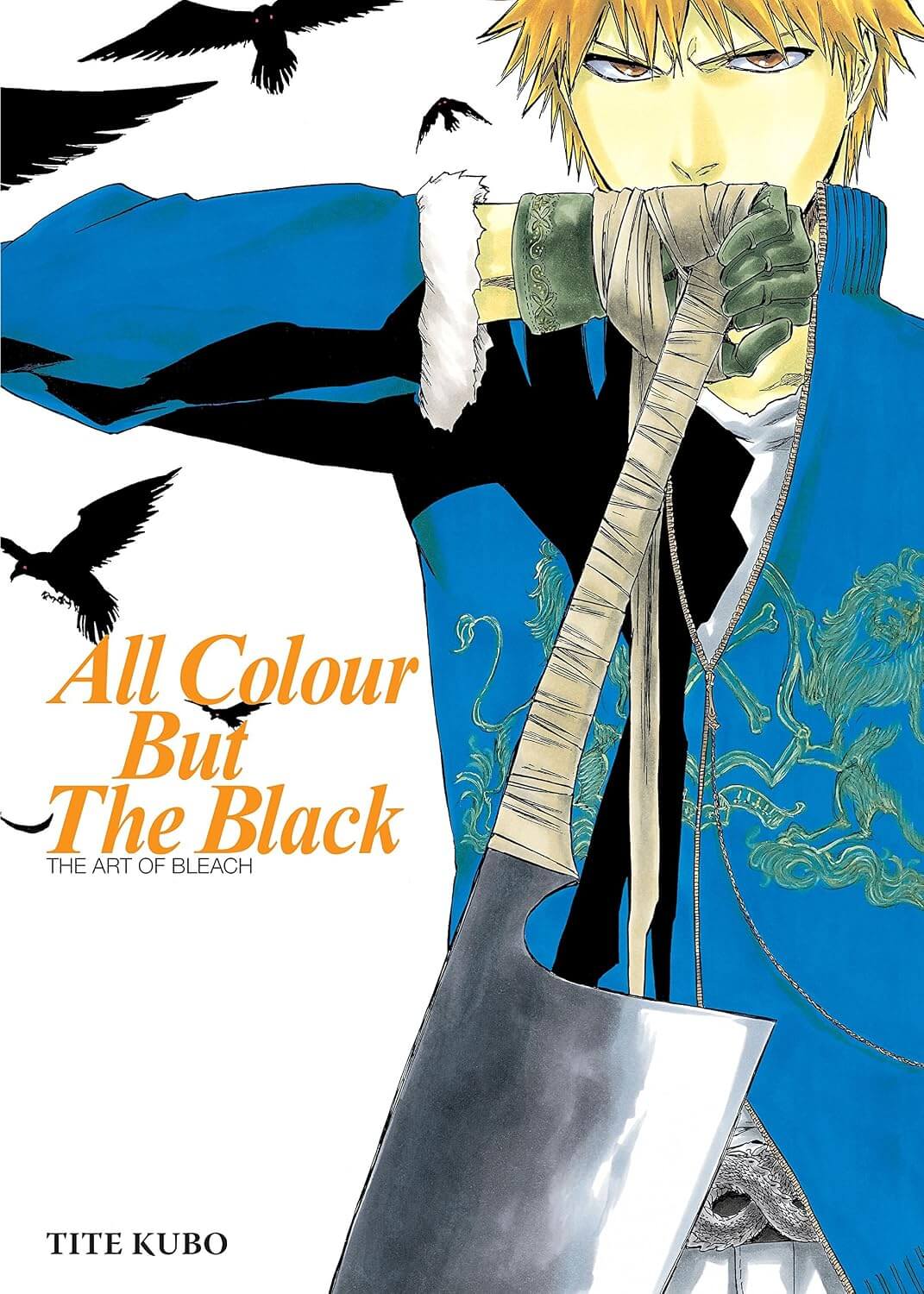 Cover of the book 'BLEACH ILLUSTRATIONS WORKS ALL COLOR BUT THE BLACK' featuring an illustration of a character in a blue jacket and white pants, holding a sword and a striped bandage over his head.
