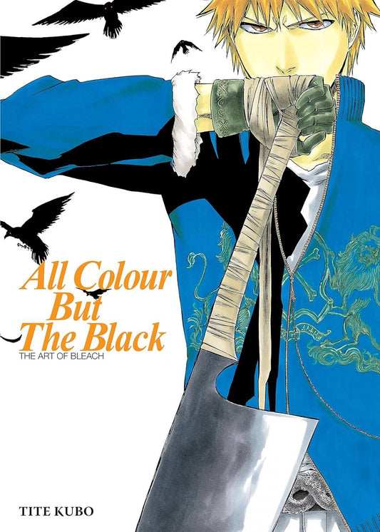 Cover of the book 'BLEACH ILLUSTRATIONS WORKS ALL COLOR BUT THE BLACK' featuring an illustration of a character in a blue jacket and white pants, holding a sword and a striped bandage over his head.