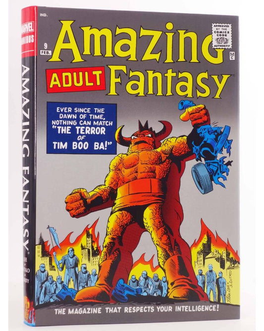 Vintage Marvel magazine titled 'Amazing Fantasy' shown upright, with the front cover featuring retro comic-style artwork of a large orange monster holding a blue globe against a gray background, and the spine visible on the left.