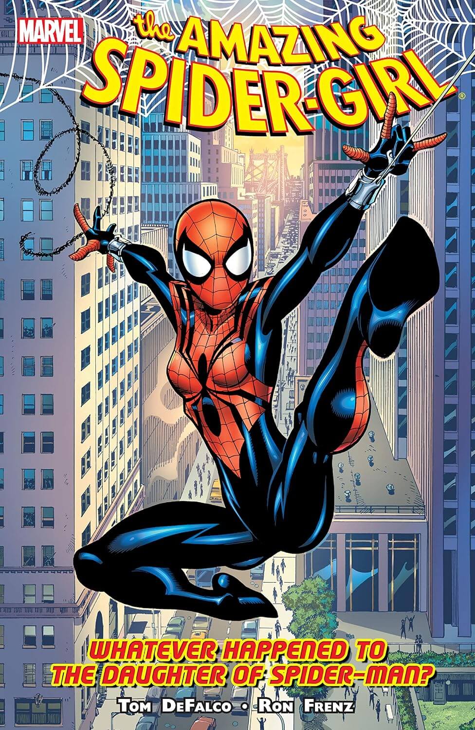Marvel's The Amazing Spider-Girl comic book cover featuring Spider-Gwen in her red and black suit swinging over a city skyline, with the title 'The Amazing Spider-Girl' at the top and the subtitle 'Whatever Happened to the Daughter of Spider-Man?' at the bottom.