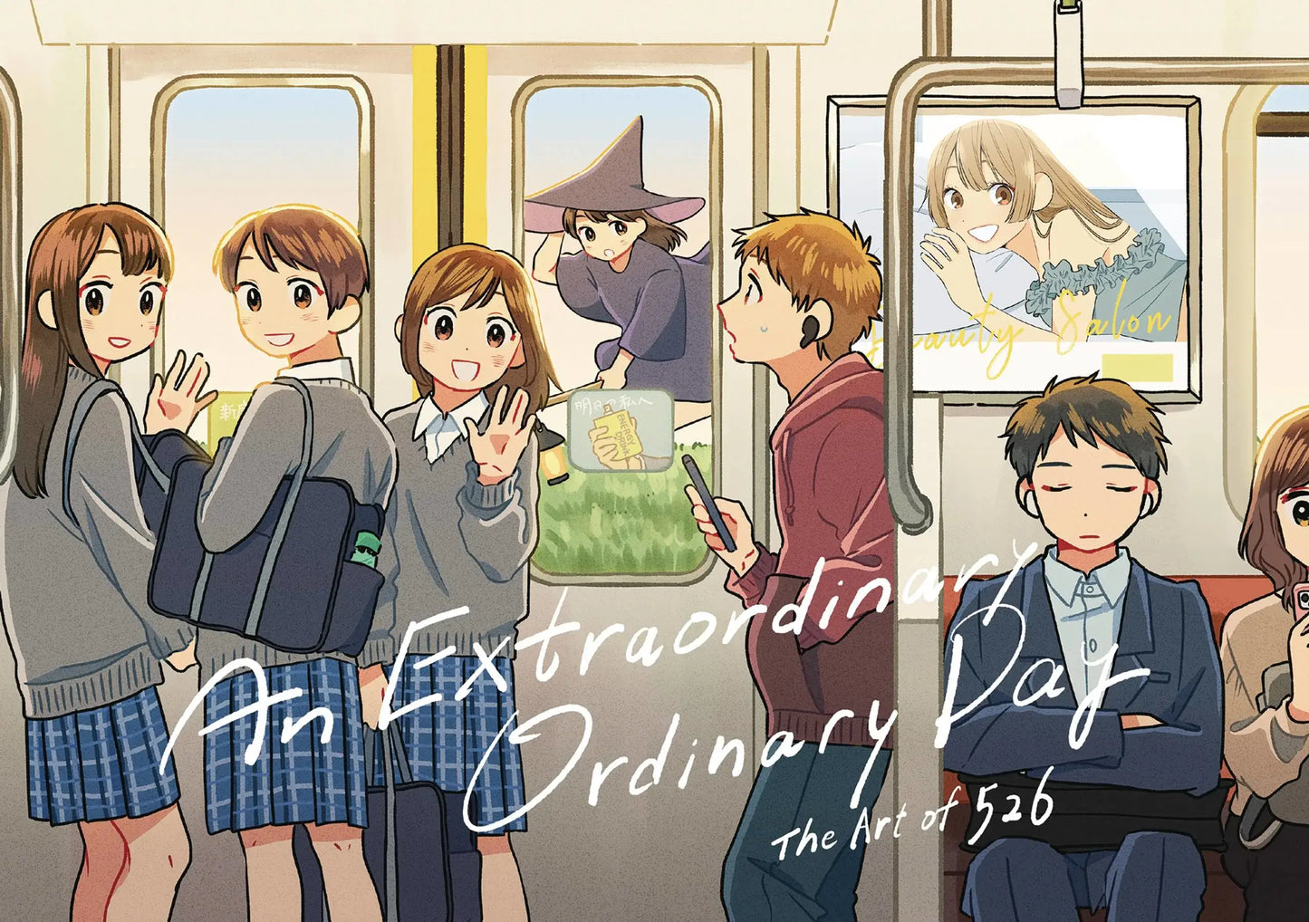 Illustration of people on a train with text 'An Extraordinary Ordinary Day' and artist's name.