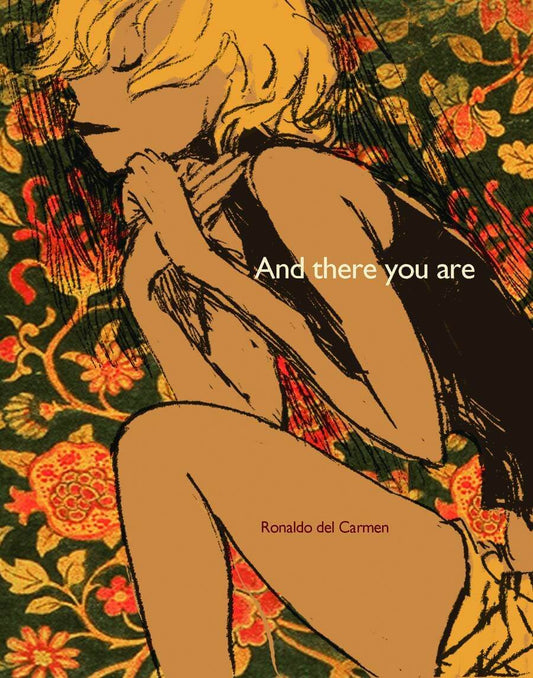 Cover of 'And There You Are' book showing a black and white illustration of a character with a thoughtful expression, sitting with a book in her hand, against an ornate background.