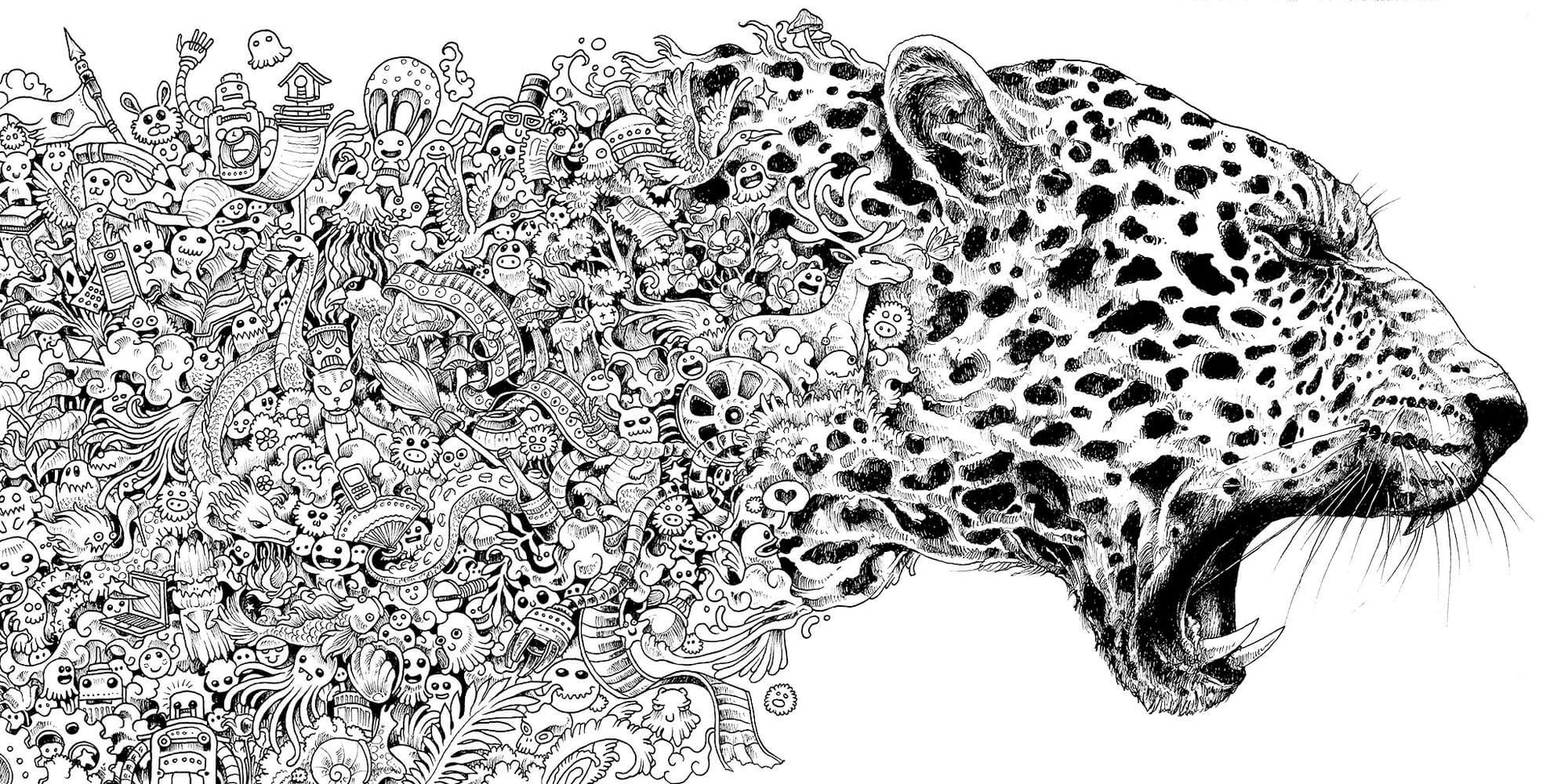 Black and white hand-drawn illustration of a leopard head in profile, with intricate doodled patterns filling the body and surrounding space.