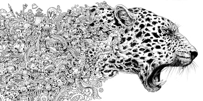 Black and white hand-drawn illustration of a leopard head in profile, with intricate doodled patterns filling the body and surrounding space.
