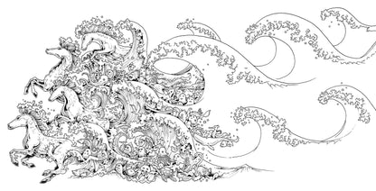 Black and white line art illustration of several horses galloping through stylized ocean waves, with intricate swirling patterns throughout.