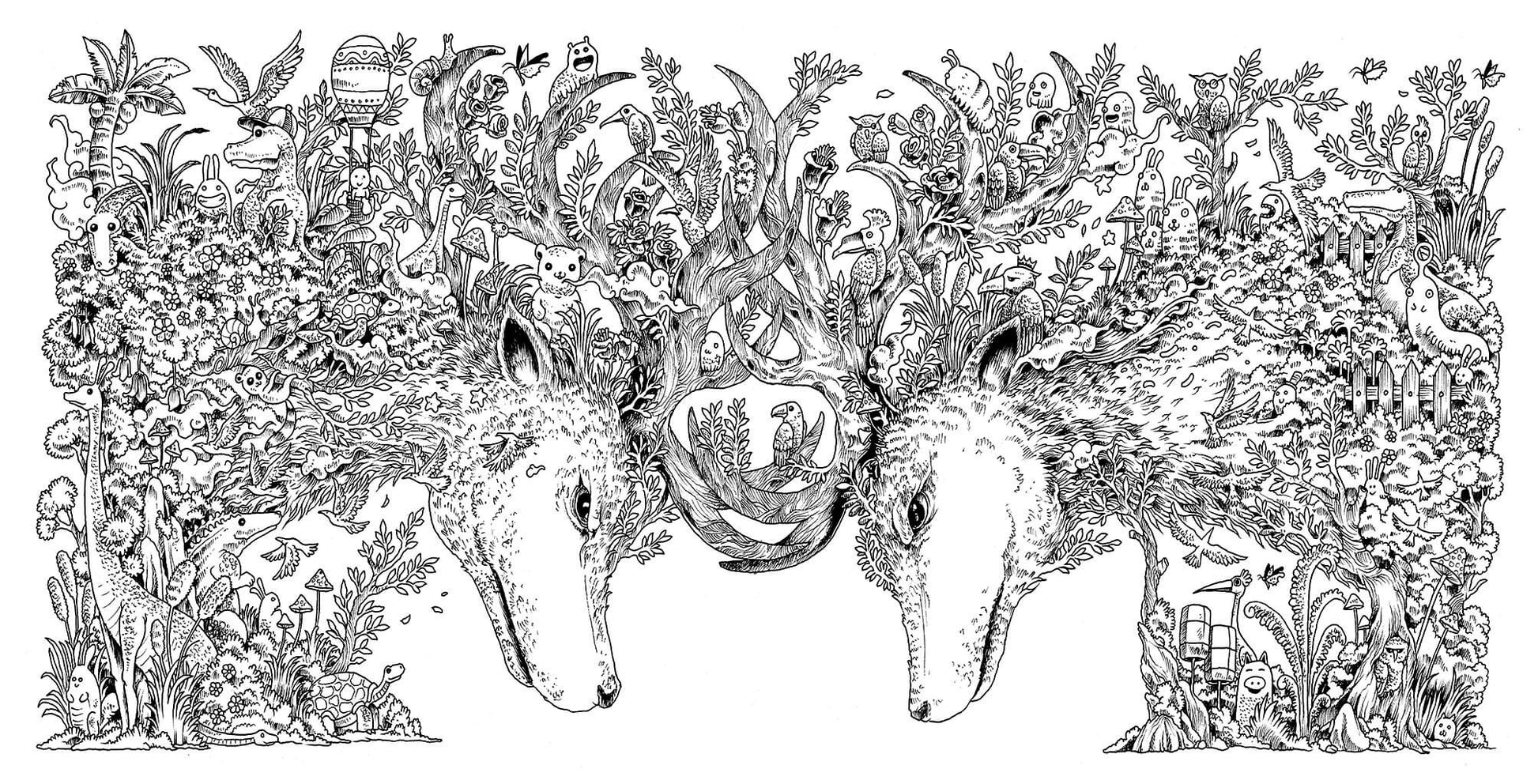 Black and white line art illustration featuring two deer heads framed by dense foliage, flowers, birds, and whimsical natural details on a white background.
