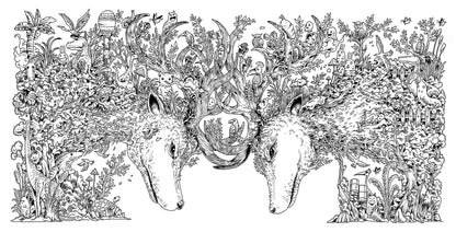Black and white line art illustration featuring two deer heads framed by dense foliage, flowers, birds, and whimsical natural details on a white background.