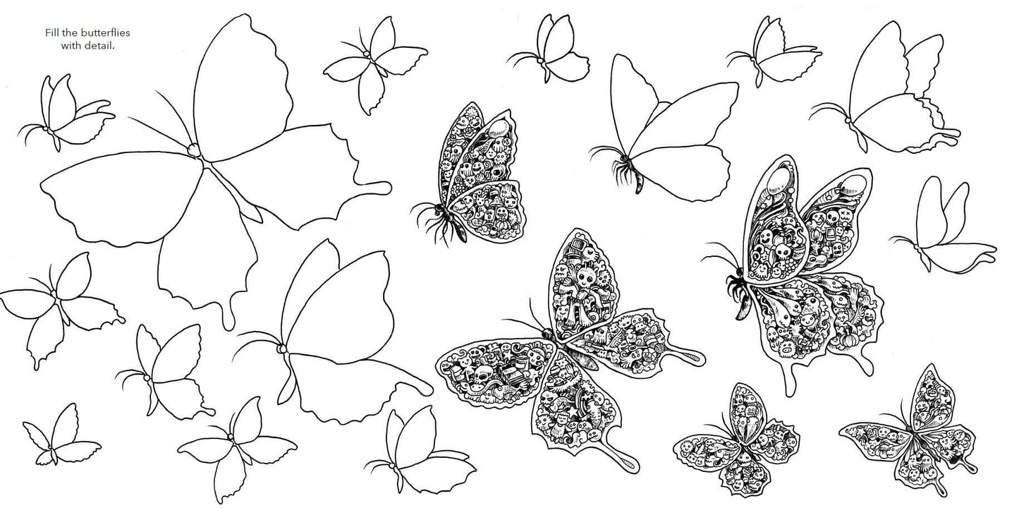 Black and white butterfly line art sheet featuring multiple butterfly illustrations, including some with ornate patterned wings and one with a blank outline and the text 'Fill the butterfly with detail.'.