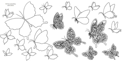 Black and white butterfly line art sheet featuring multiple butterfly illustrations, including some with ornate patterned wings and one with a blank outline and the text 'Fill the butterfly with detail.'.