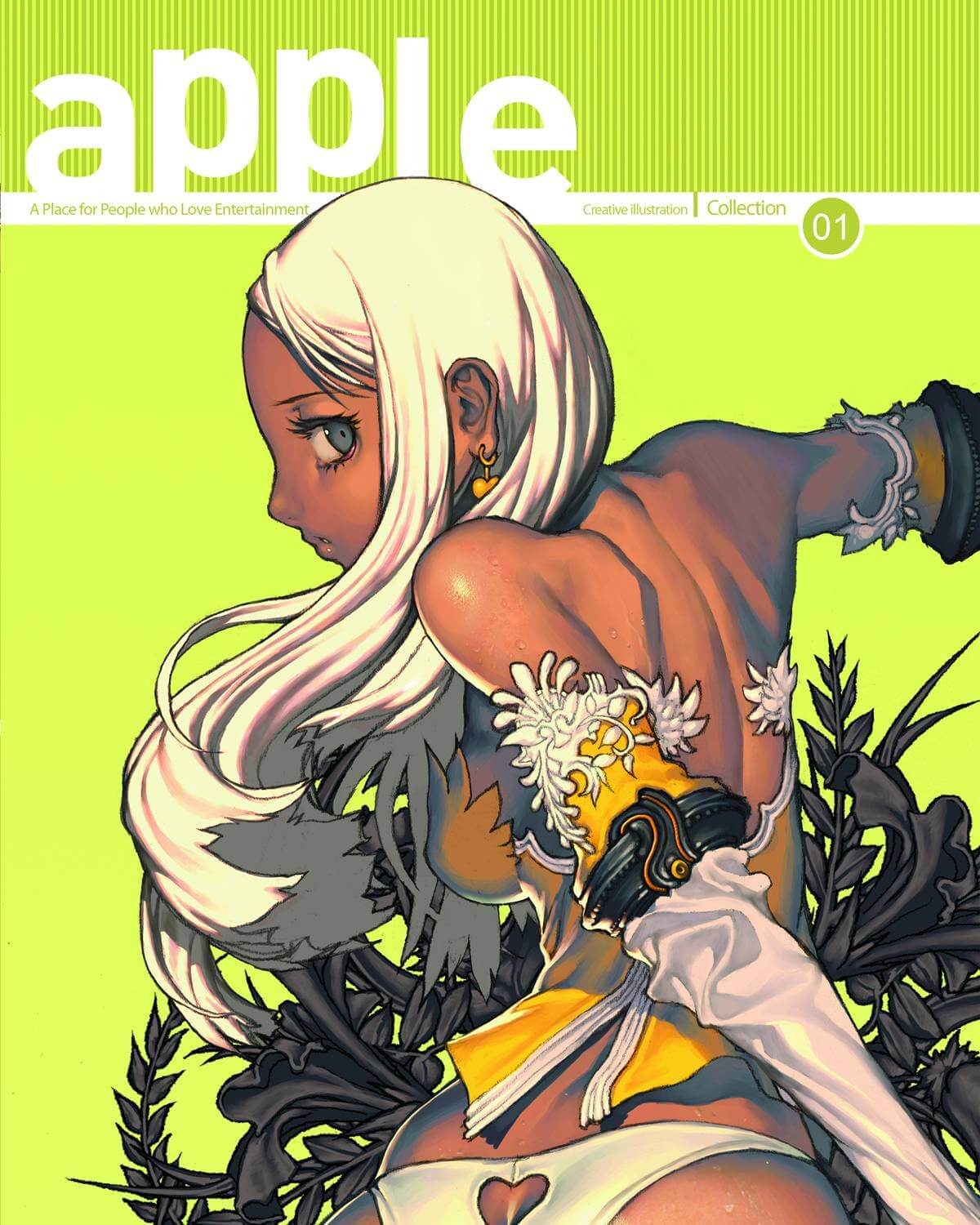Magazine cover with a stylized illustration of a woman with tattoos on a green background