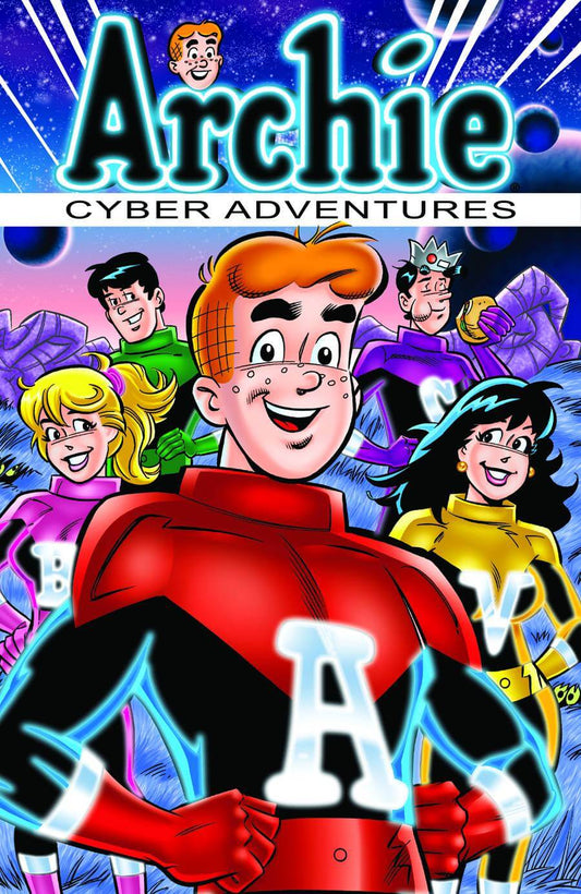 Cover of the comic book 'ARCHIE CYBER ADVENTURES TP' featuring characters from the Archie series, dressed in colorful, gaming-themed outfits against a video game backdrop.