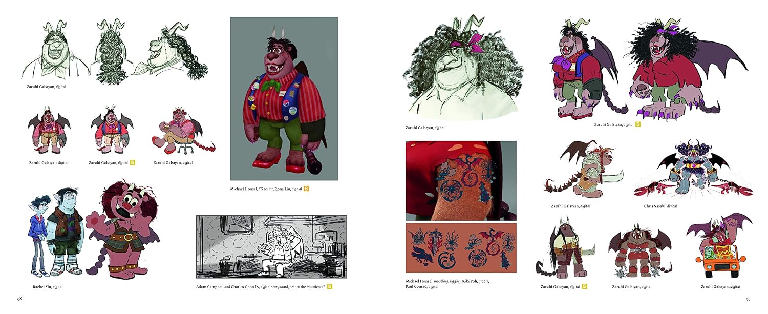 A collage sheet of concept art and character designs, including multiple colorful monster and creature illustrations, a few human characters, sketches, and a small inset photo of a tattoo on a person's upper arm. The sheet appears to be a reference or design board rather than a single retail product photo.