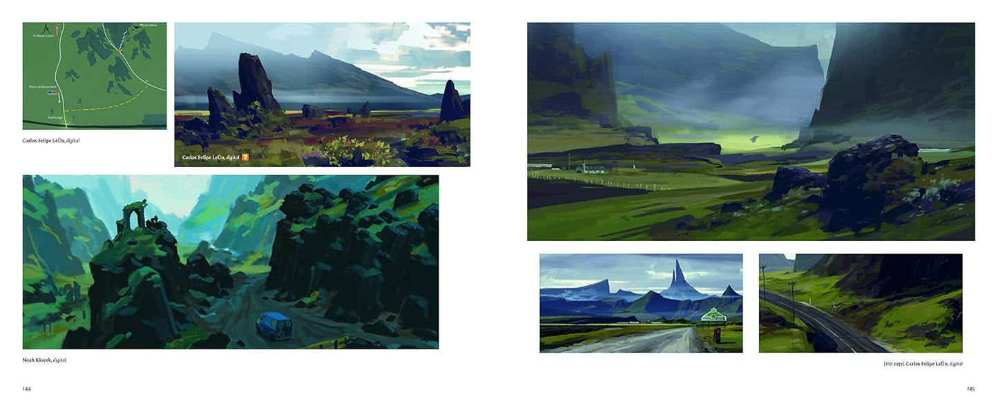 A two-page spread of concept art or game design sketches showing stylized mountain and valley landscapes, roads, and rocky terrain in green, blue, and gray tones.