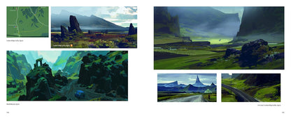 A two-page spread of concept art or game design sketches showing stylized mountain and valley landscapes, roads, and rocky terrain in green, blue, and gray tones.