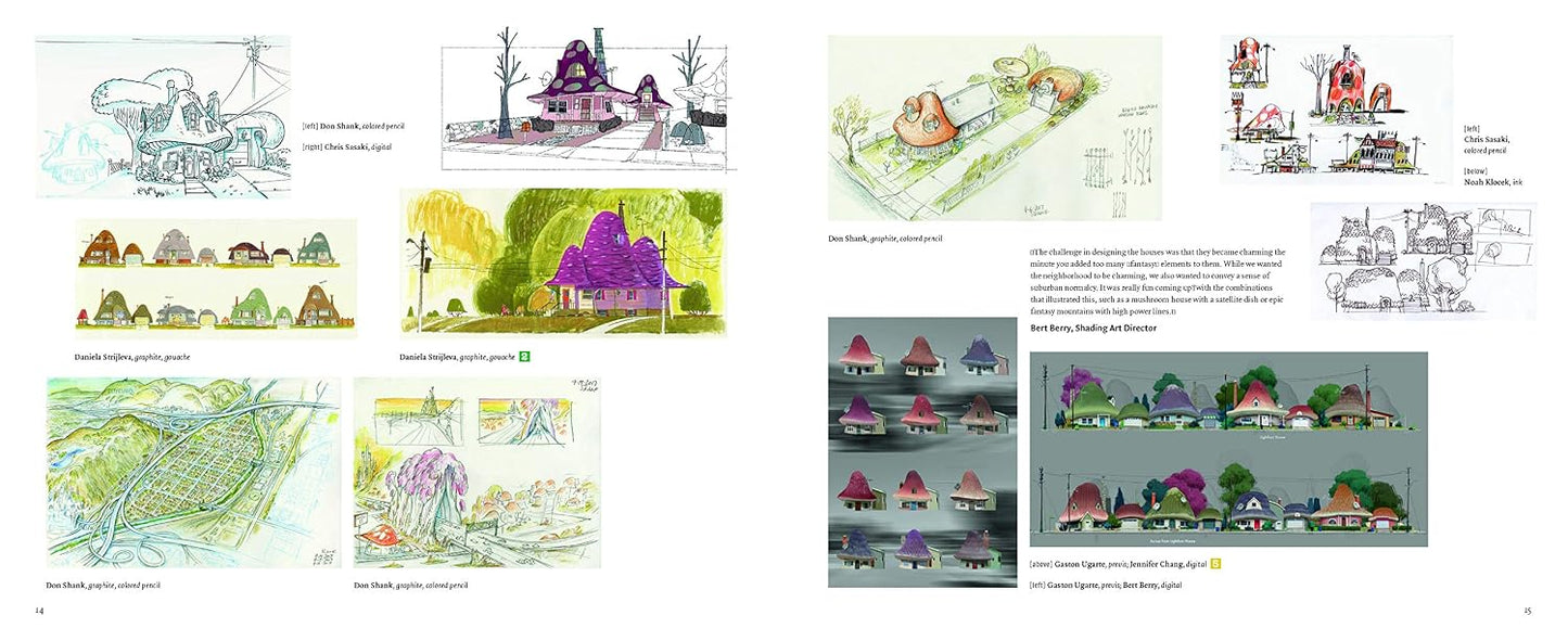 A collage-style page showing multiple hand-drawn architectural sketches and concept art of small houses with colorful roofs, plus a few rendered views and blocks of text. This is not a clean product photo, not a person-in-environment lifestyle shot, and not a measurement chart, color swatch, or instruction diagram.