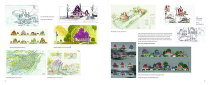A collage-style page showing multiple hand-drawn architectural sketches and concept art of small houses with colorful roofs, plus a few rendered views and blocks of text. This is not a clean product photo, not a person-in-environment lifestyle shot, and not a measurement chart, color swatch, or instruction diagram.