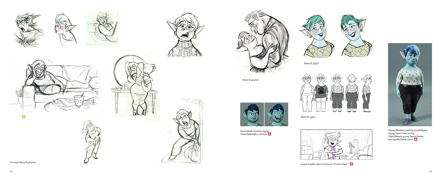 A printed storyboard or concept-art sheet showing multiple hand-drawn character sketches, facial expressions, costume ideas, and a full-body painted character on the right, with small notes and labels throughout.
