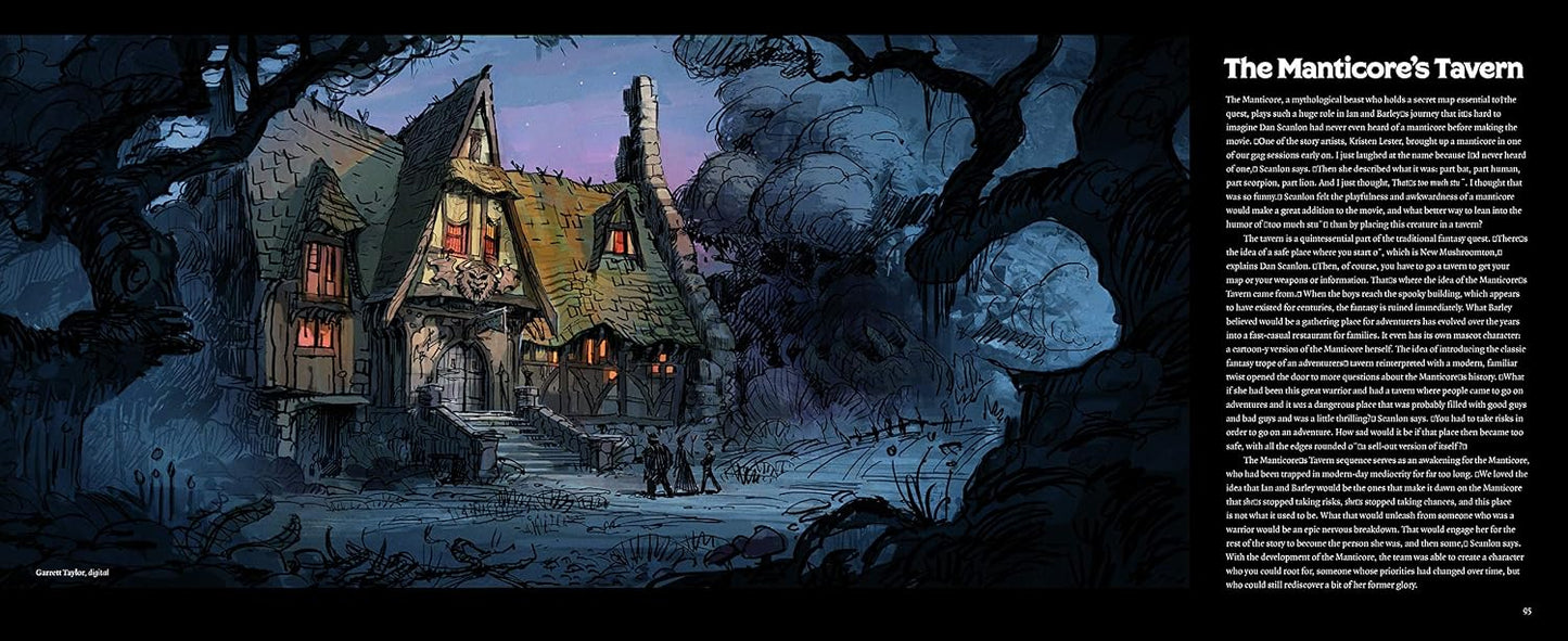 A book or magazine page featuring a dark fantasy illustration of a cottage at night with glowing windows, surrounded by gnarled trees, alongside a text column titled 'The Manticore's Tavern' on the right.