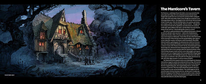 A book or magazine page featuring a dark fantasy illustration of a cottage at night with glowing windows, surrounded by gnarled trees, alongside a text column titled 'The Manticore's Tavern' on the right.