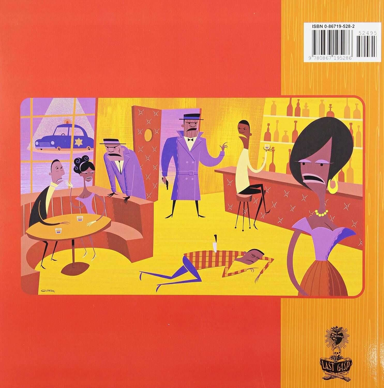 The back cover of a book featuring a stylized illustration of a bar scene in purple, yellow, and orange tones, with a barcode in the top right and a publisher logo at the bottom right.