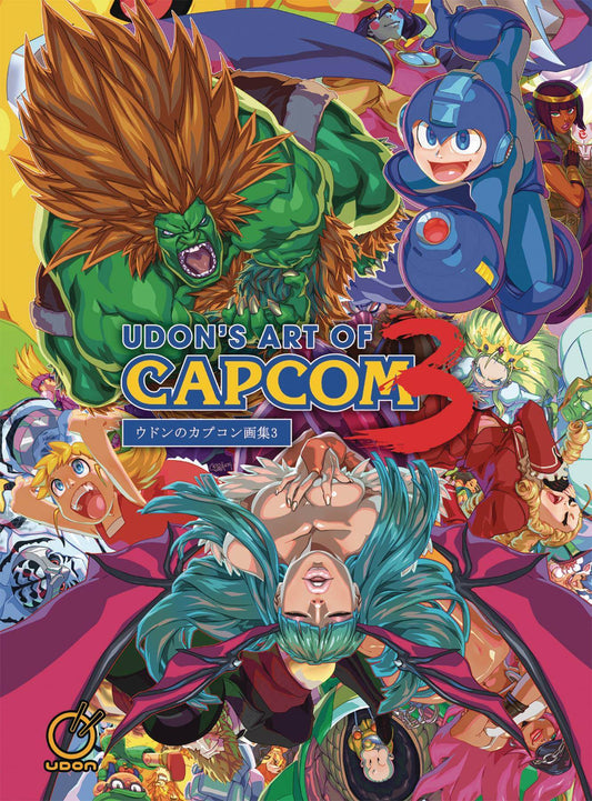 Front cover of the book 'Udon's Art of Capcom 3' featuring a vibrant, crowded illustration of various Capcom characters in full color against a bright yellow background.