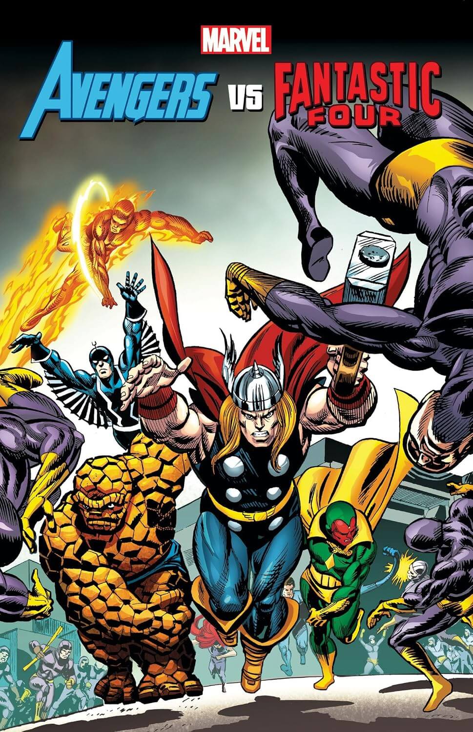 Comic book cover art for Marvel's Avengers vs Fantastic Four, featuring Thor, the Thing, War Machine, and other Marvel superheroes in a dynamic battle scene.