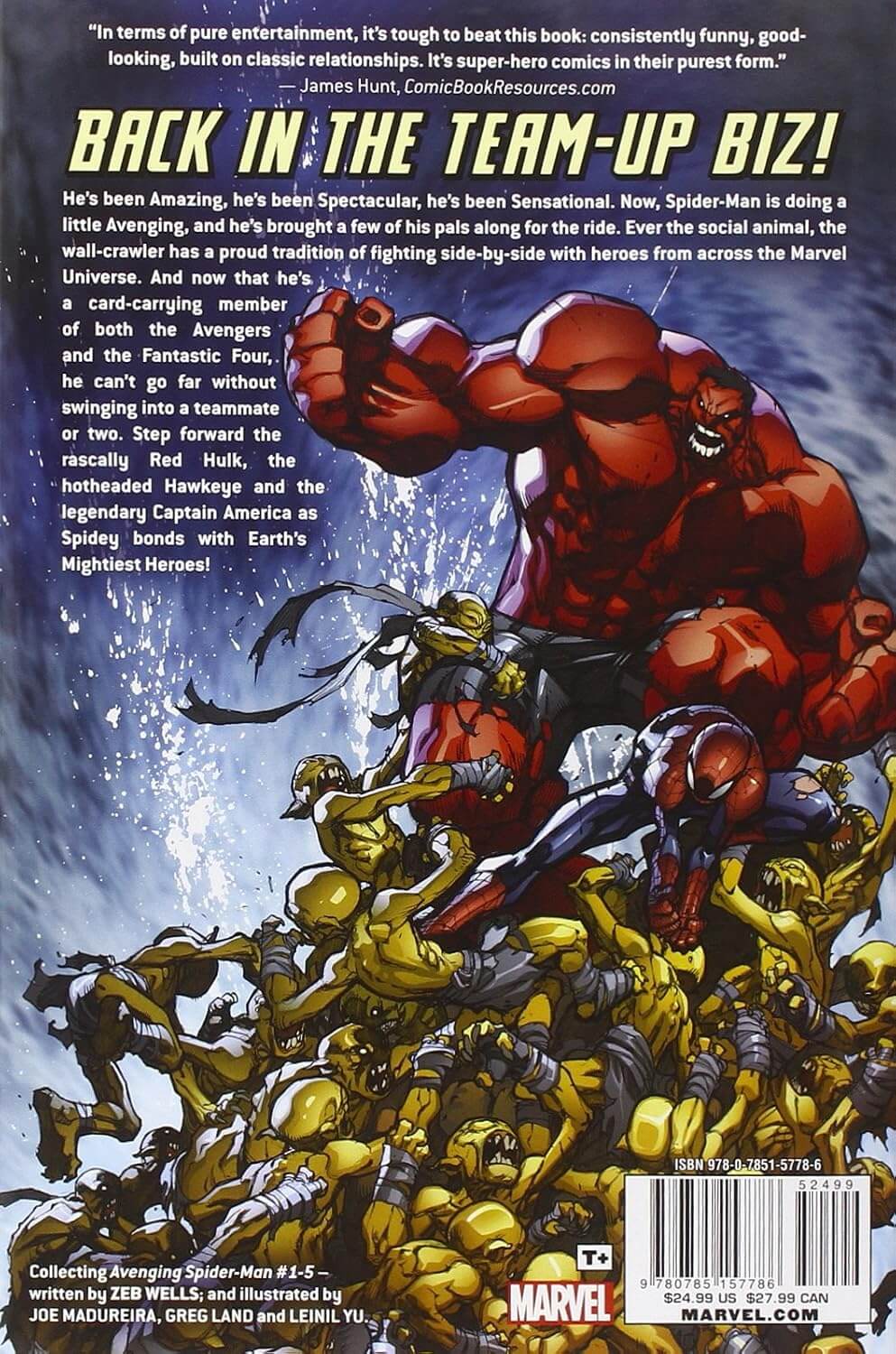 Back cover of Marvel's Spider-Man Graphic Novel, featuring a large red Spider-Man illustration with a quote at the top and a barcode at the bottom.