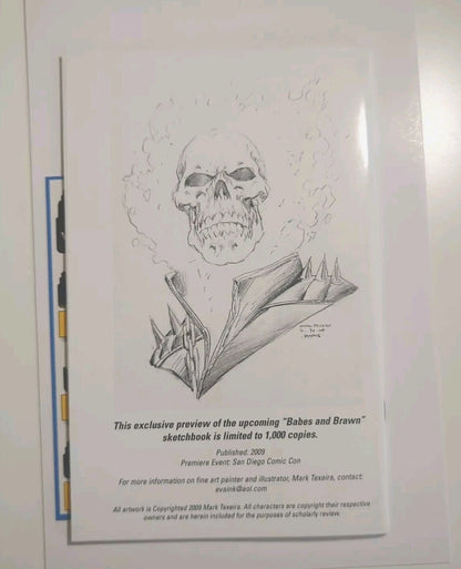 A printed preview sheet for a sketchbook featuring a black-and-white illustrated skull with a folded jacket and several lines of release text below, photographed against a light background.