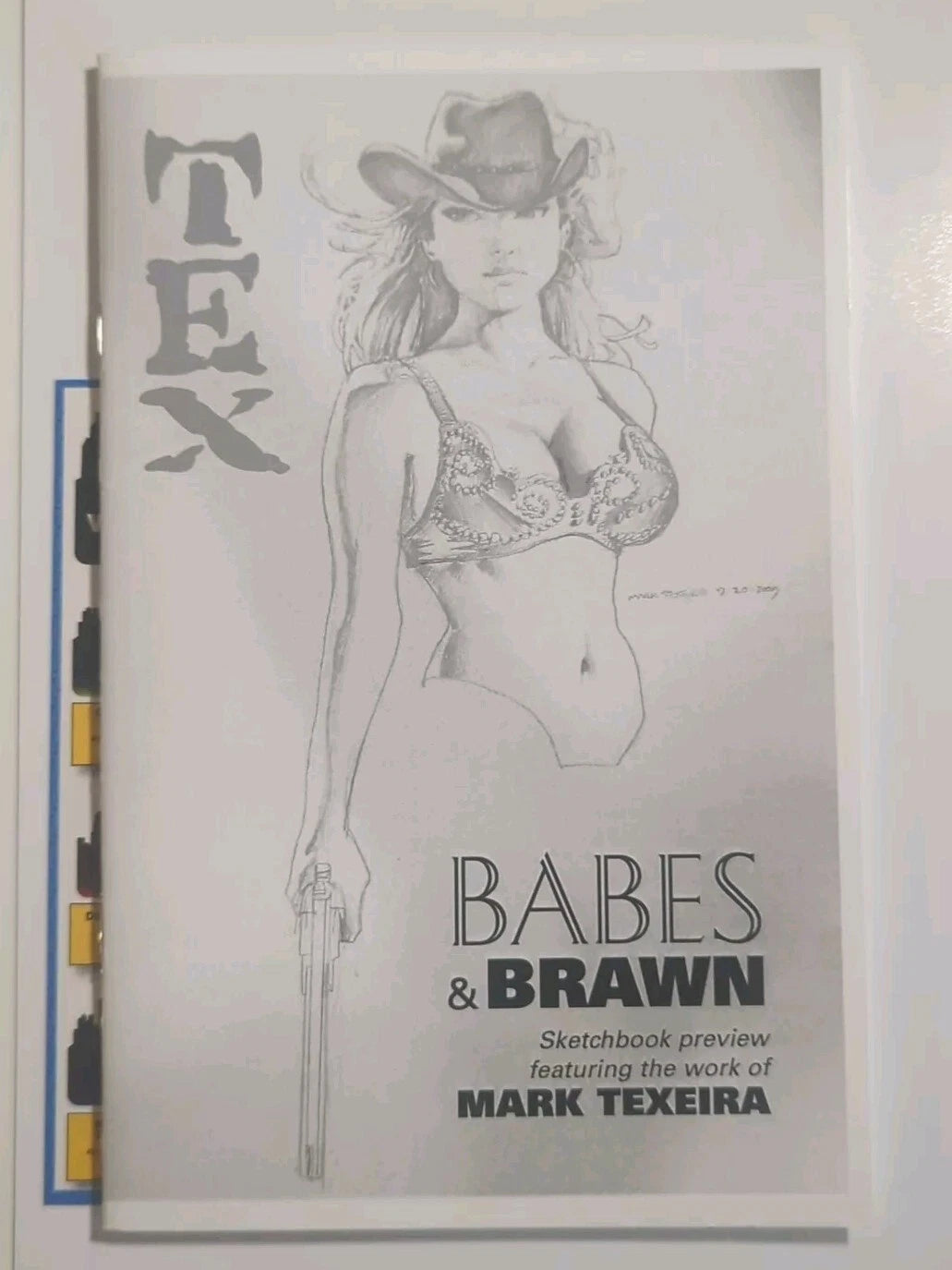 A sketchbook or art book titled "TEX BABES & BRAWN" featuring a monochrome line drawing of a woman in a cowboy hat and bra, with text reading "Sketchbook preview featuring the work of Mark Texeira.".