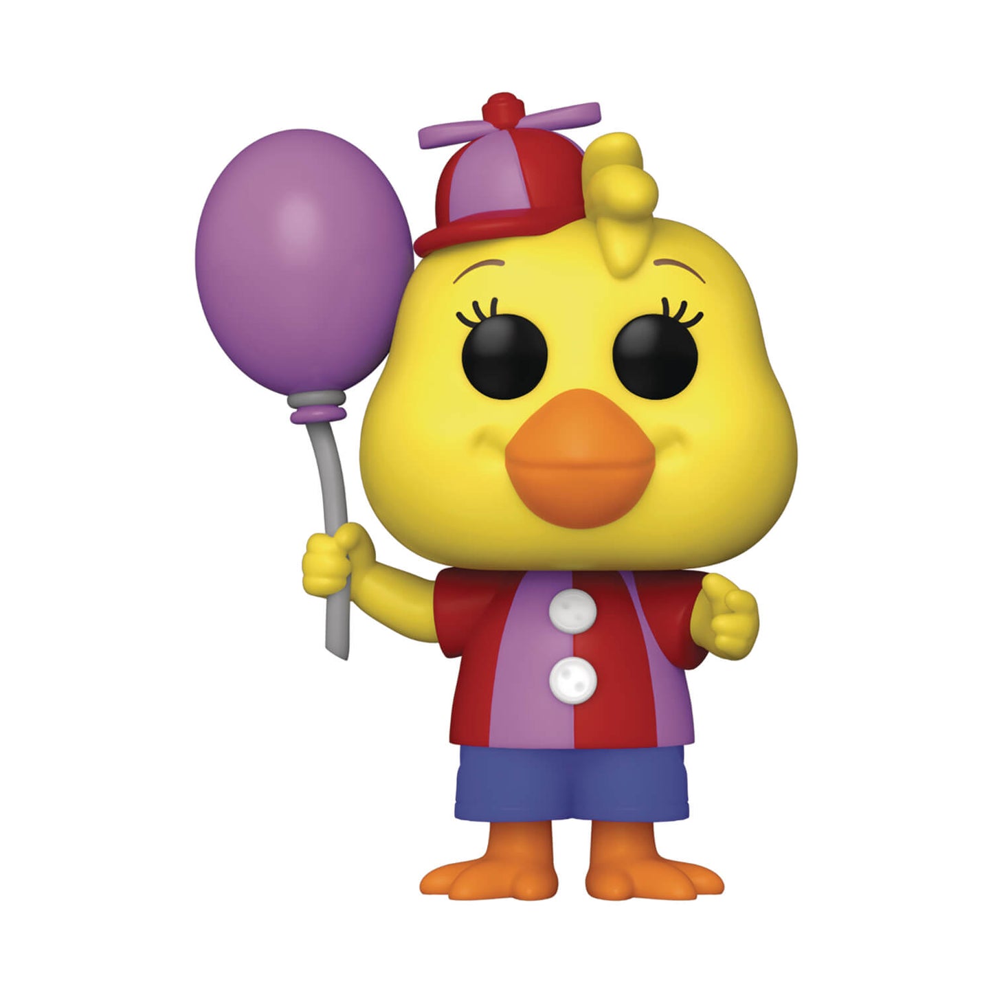 Funko Pop! vinyl figure of a yellow duck character wearing a red and purple outfit with a matching propeller hat, holding a purple balloon on a white background.