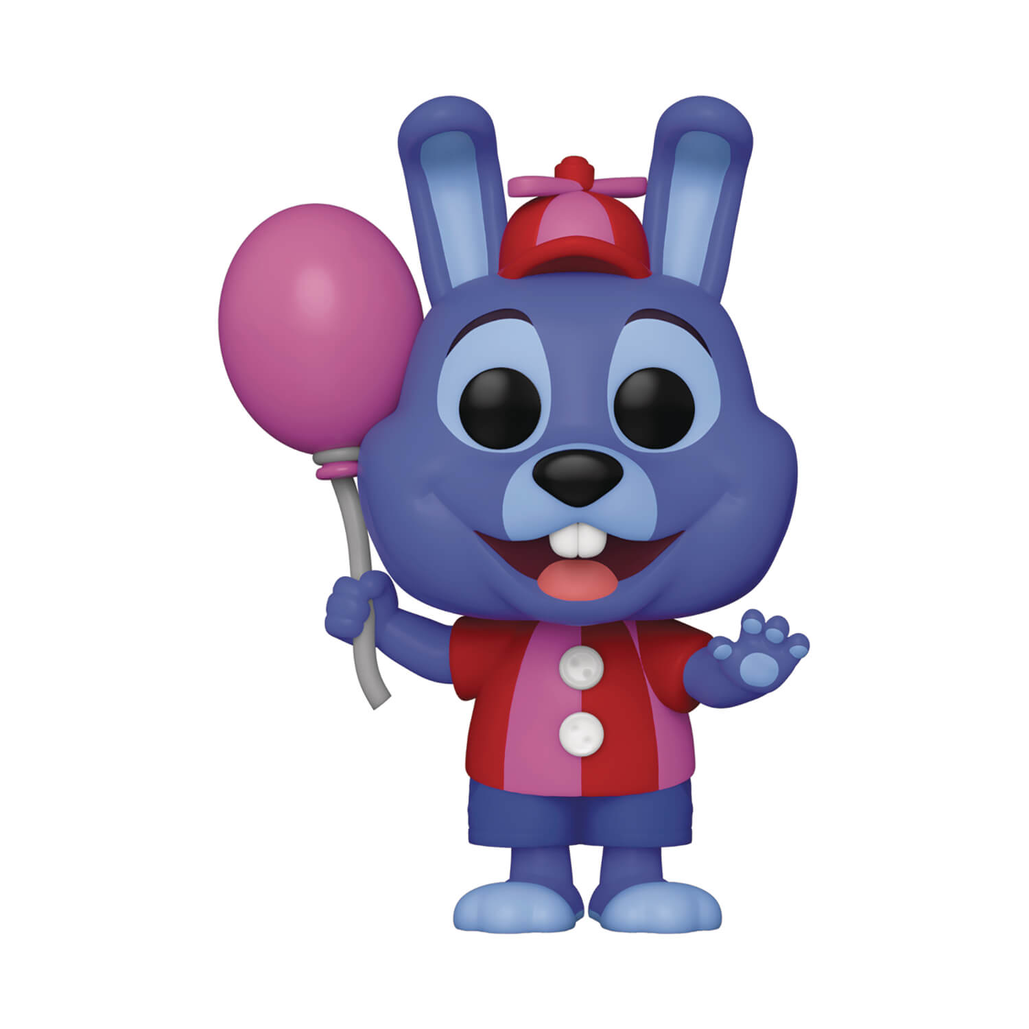 A stylized collectible figure of a blue rabbit character holding a pink balloon, wearing a red and pink outfit with a small red hat, isolated on a black background.