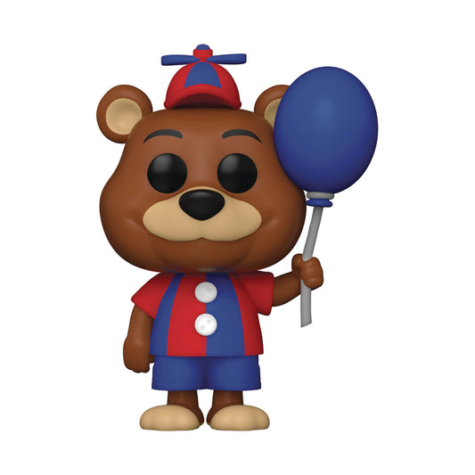 Funko Pop! vinyl figure of a brown bear character wearing a red and blue outfit with a matching propeller hat and holding a blue balloon, on a plain white background.