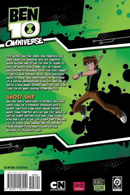 Ben 10 Omniverse Volume 1 Ghost Ship graphic novel back cover featuring plot synopsis ISBN and Viz Media logo