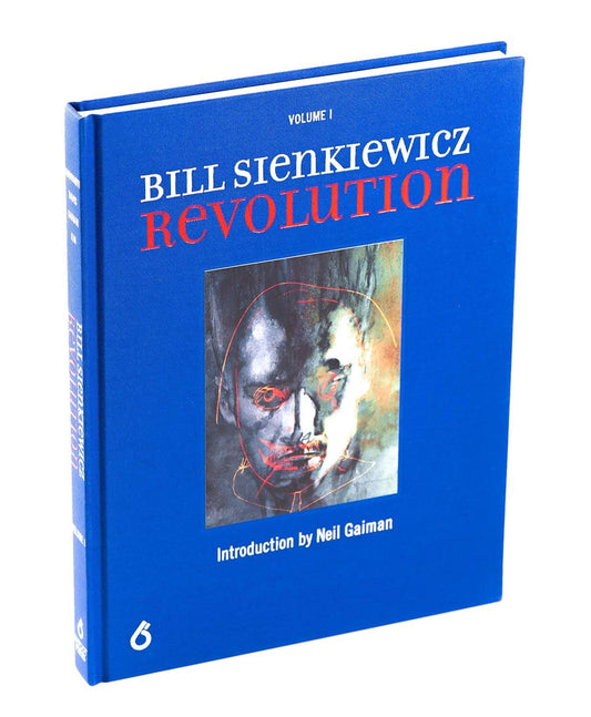 A hardcover book titled 'Bill Sienkiewicz Revolution Volume 1' with a bright blue cover, white and red title text, and a central abstract portrait illustration. The book is shown standing upright on a plain white background.