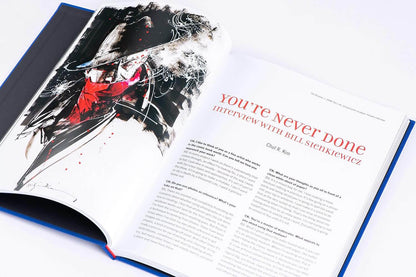 Open pages of Bill Sienkiewicz Revolution art book showcasing illustrated text layout.