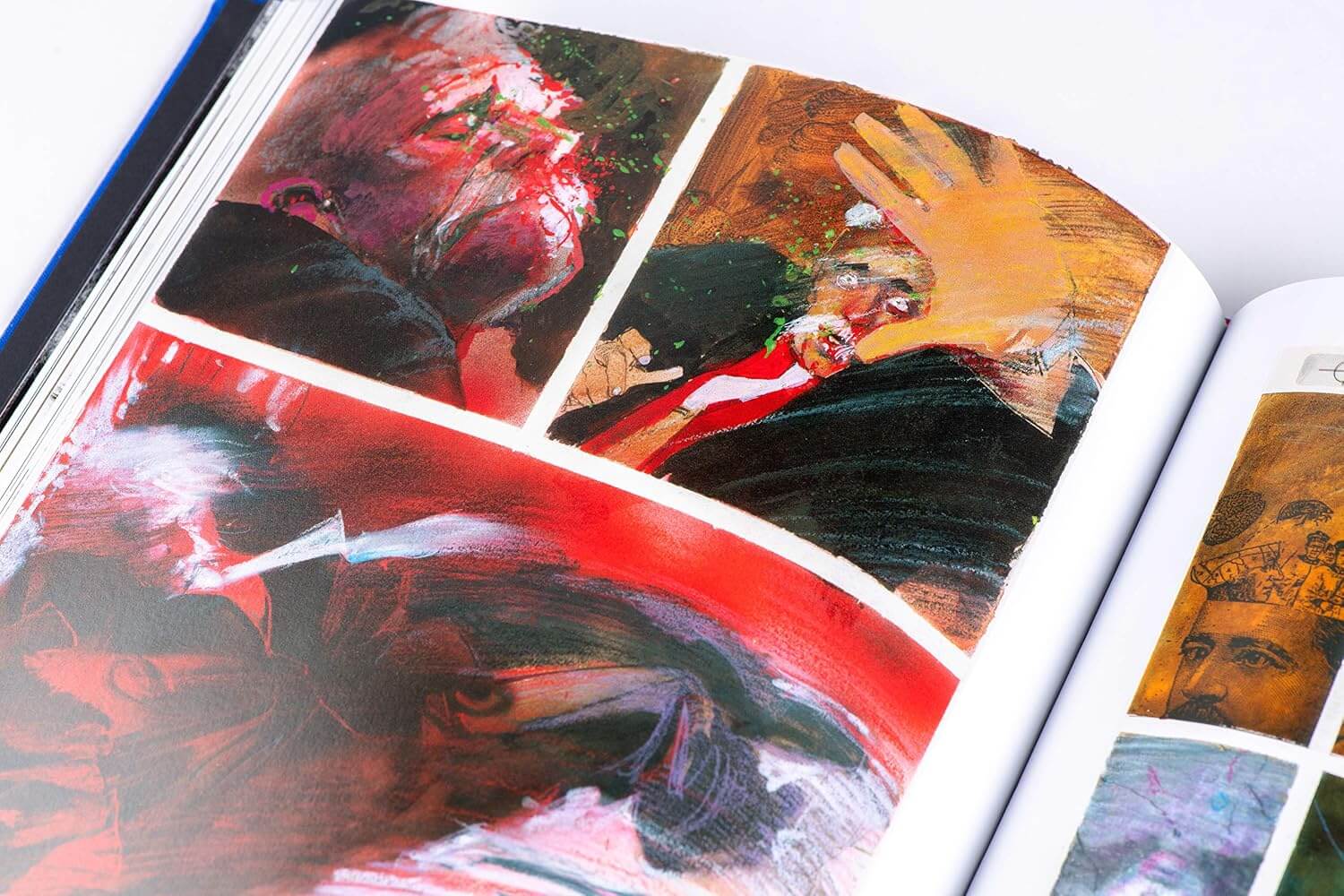 Macro close up shot of expressive watercolor and mixed media comic illustrations.
