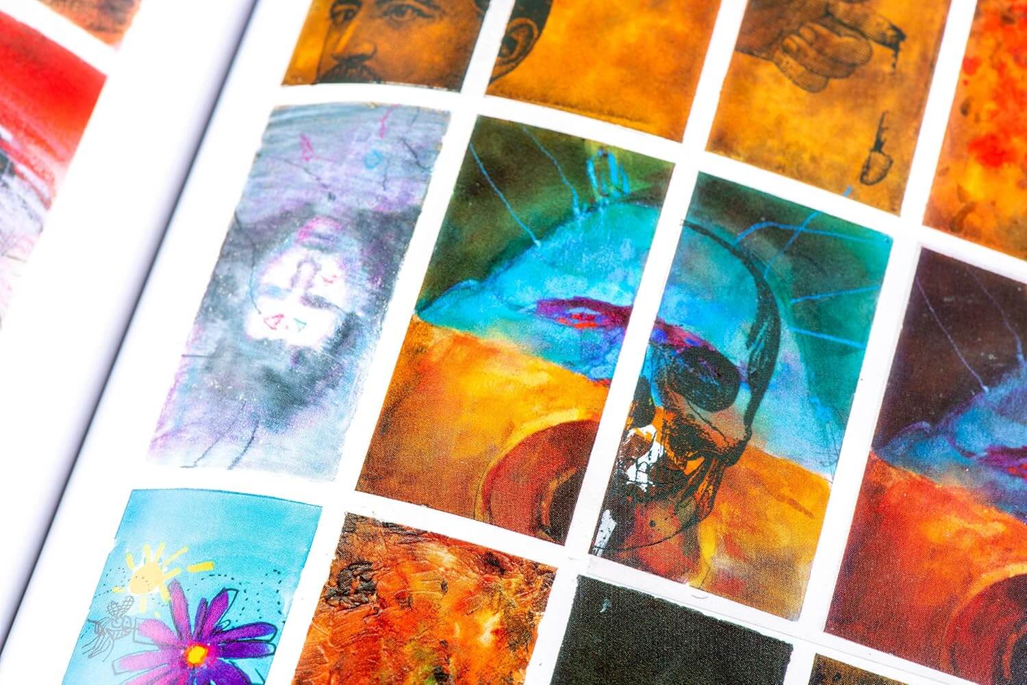 Colorful multi panel grid of Bill Sienkiewicz paintings from Revolution hardcover book.