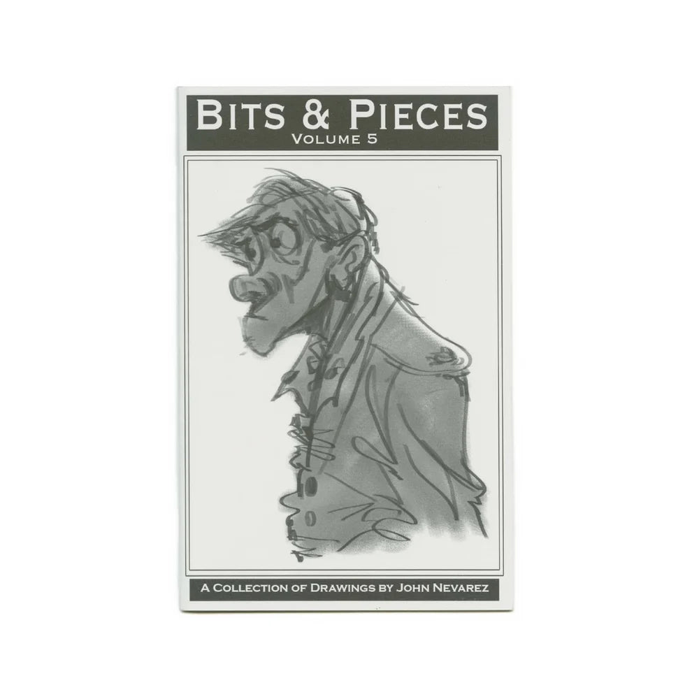 Bits & Pieces Volume 5 art book by John Nevarez, featuring a black and white sketch of a man's face on the cover, shown against a plain white background.
