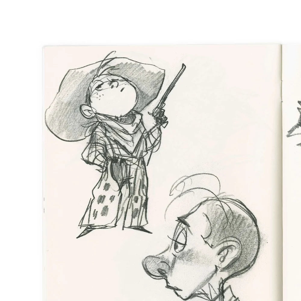 A page from a sketchbook featuring pencil character designs, including a cowboy-like figure holding a rifle and a close-up side profile of a cartoon face.
