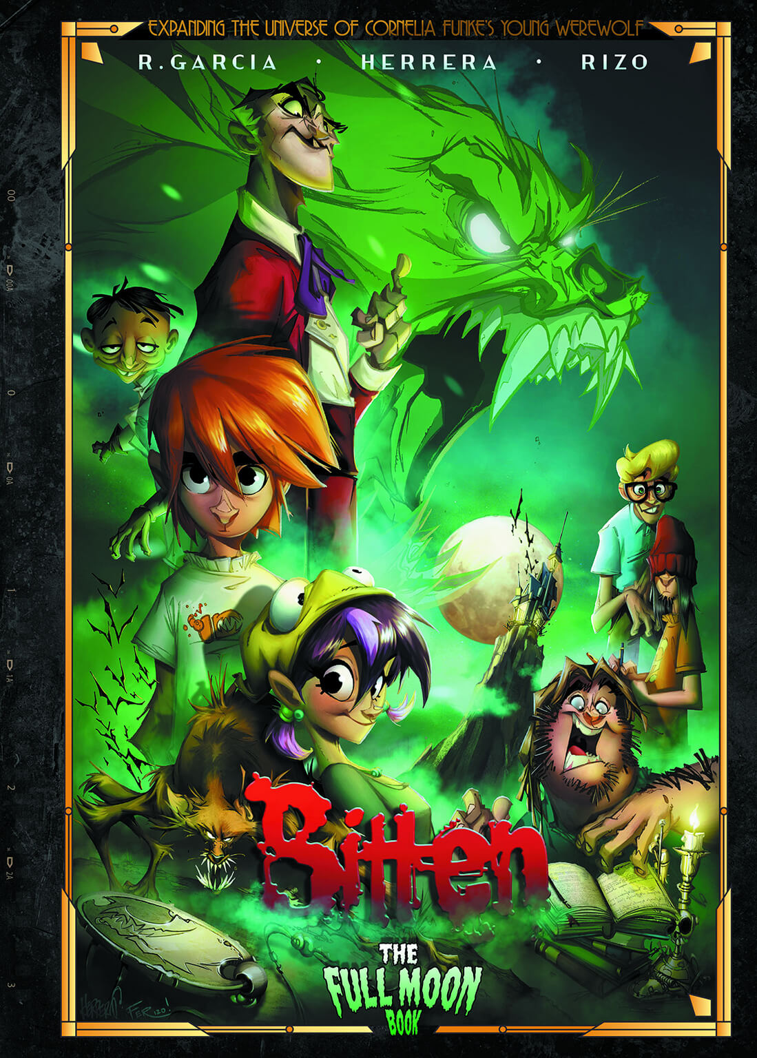 Front cover of the graphic novel 'Bitten: The Full Moon Book' featuring colorful cartoon characters in a dark green and black fantasy setting with a gold border.