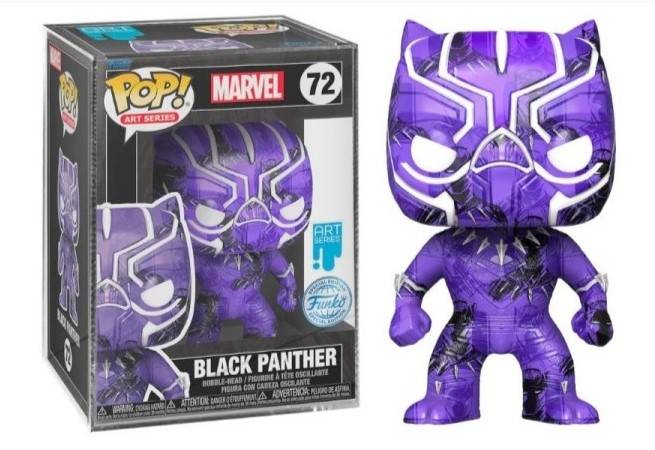 Funko Pop! Art Series Marvel Black Panther vinyl figure number 72, shown next to its original window box packaging on a white background.