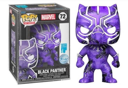 Funko Pop! Art Series Marvel Black Panther vinyl figure number 72, shown next to its original window box packaging on a white background.