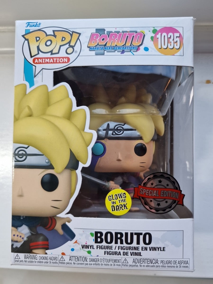 Funko Pop! vinyl figure packaging for Boruto with glow-in-the-dark feature
