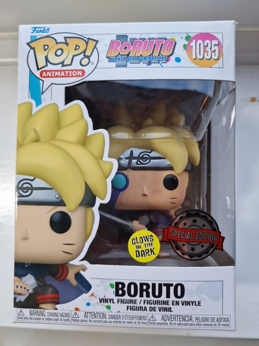 Funko Pop! vinyl figure packaging for Boruto with glow-in-the-dark feature